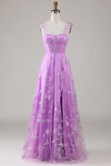 Purple Corset Butterflies A-Line Long Tulle Prom Dress with Slit